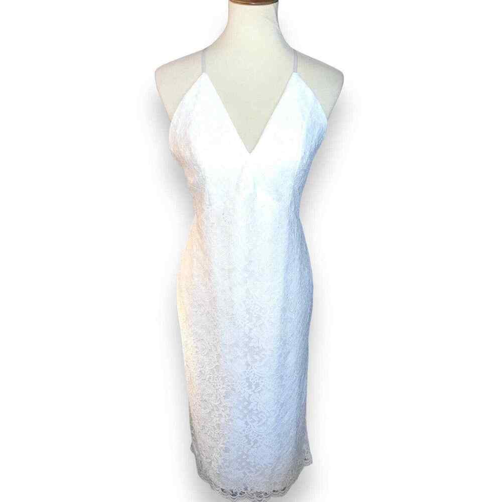 Lulus White Lace Entrance Fully Lined Midi Dress Women's Size L Scalloped Hem - Picture 4 of 11